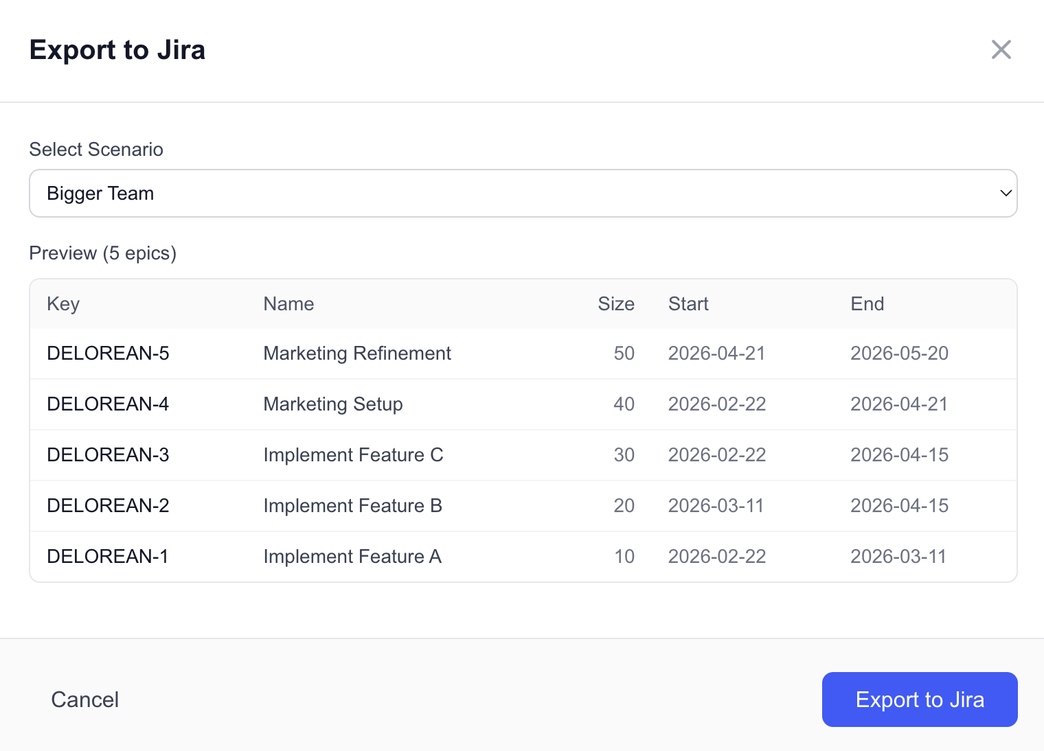 Jira export modal with scenario selection and preview
