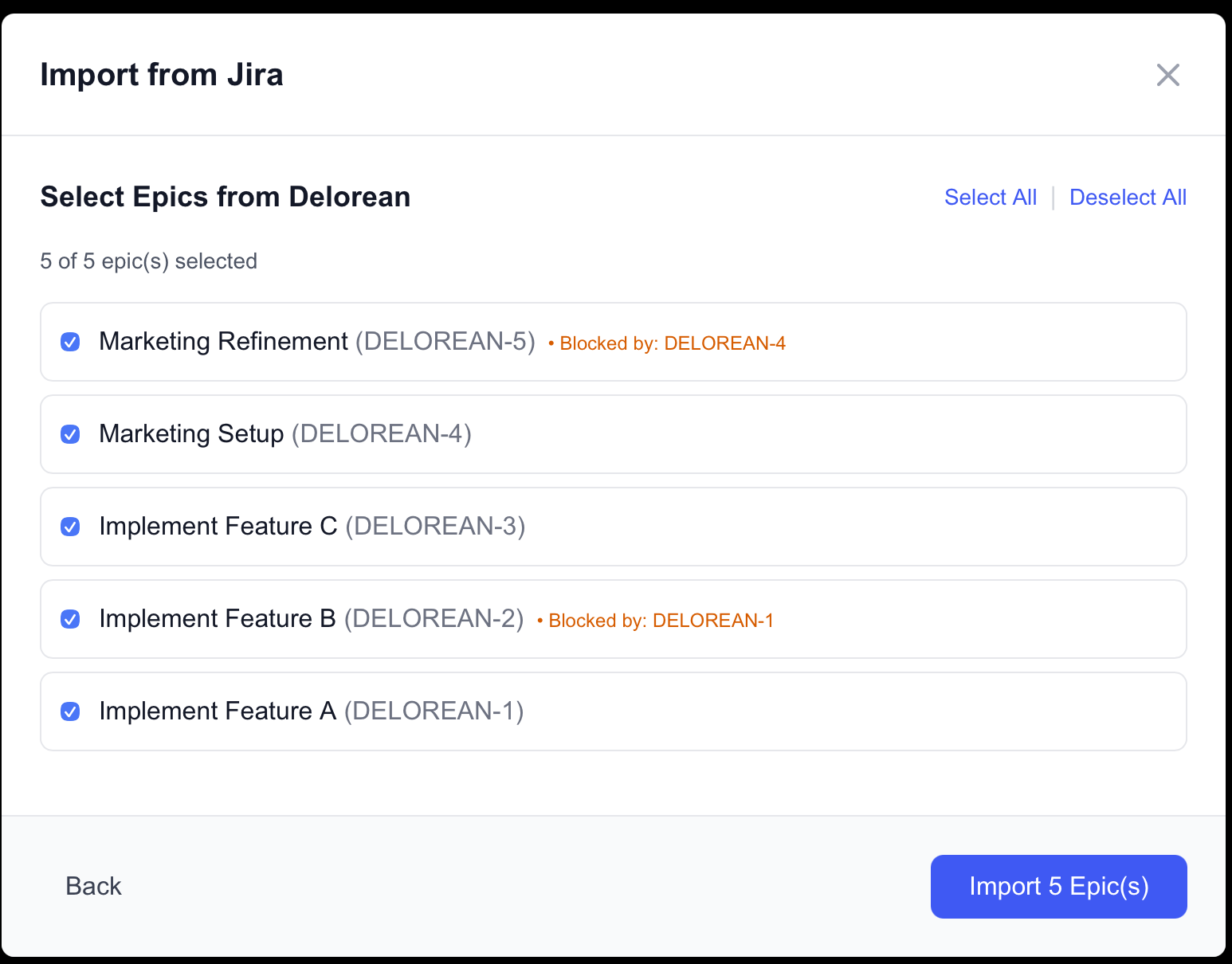 Jira epic selection