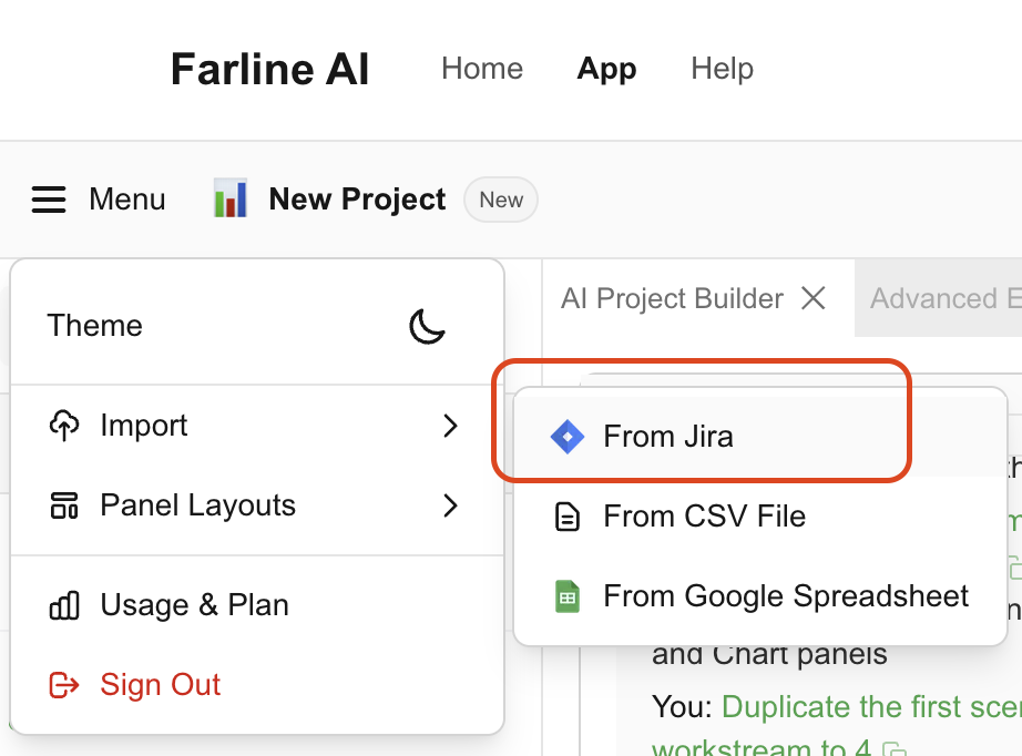 Menu showing Import from Jira option