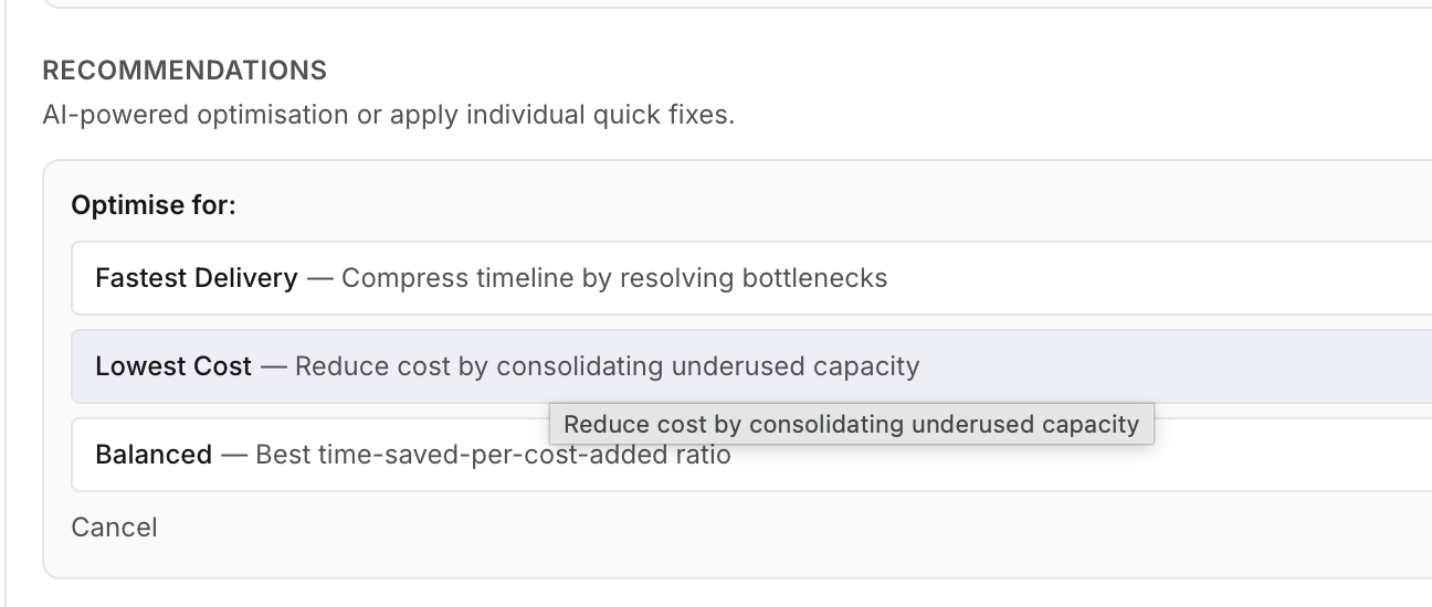 Goal picker showing Fastest Delivery, Lowest Cost, and Balanced options