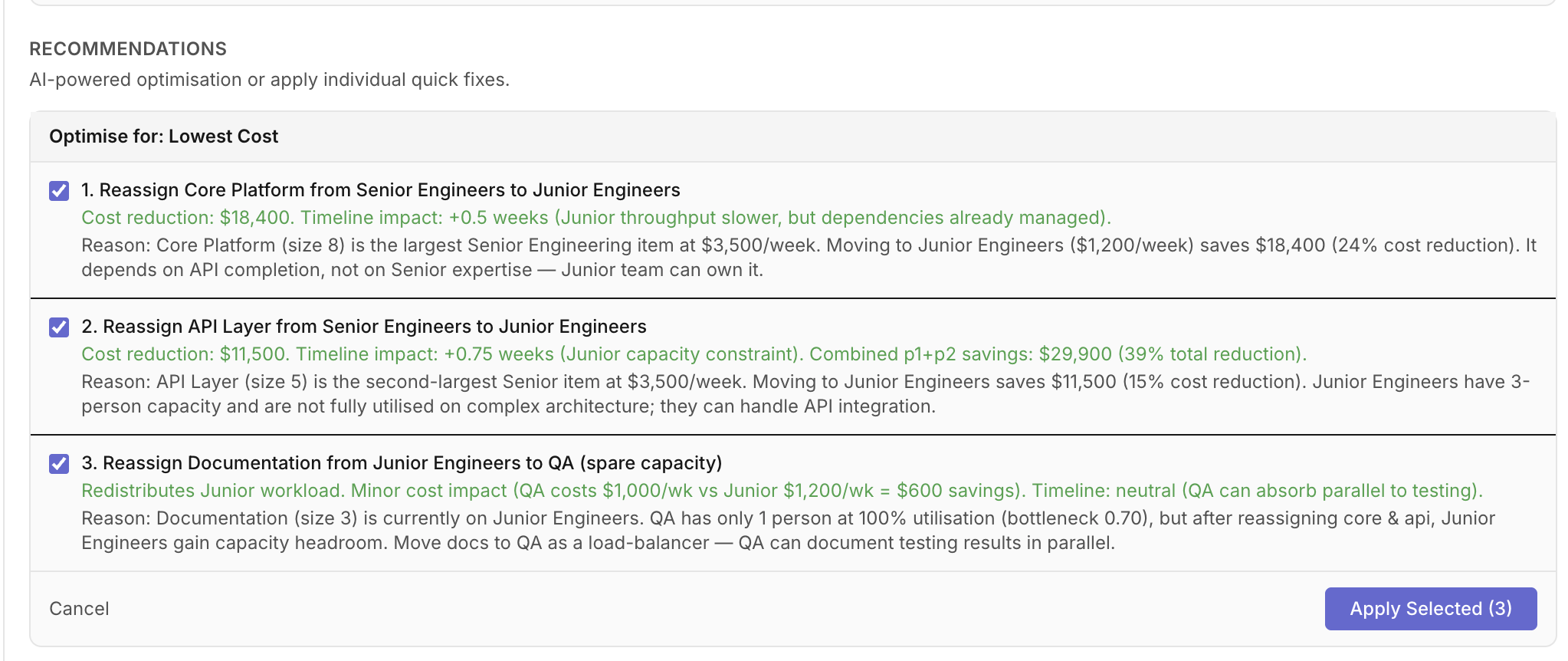 Optimisation review panel showing proposals with reasons and expected impact